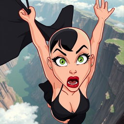 A beautiful cartoon lady with a bald head, vivid green eyes, and striking red lips, wearing a revealing black dress