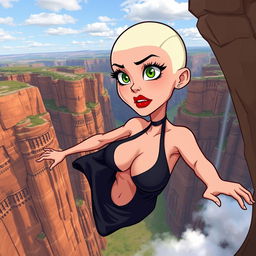 A beautiful cartoon lady with a bald head, vivid green eyes, and striking red lips, wearing a revealing black dress