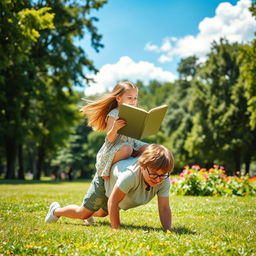 A girl sitting on the back of a boy doing a plank, both are in a sunny park surrounded by greenery