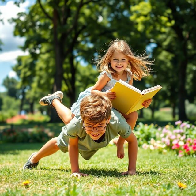 A girl sitting on the back of a boy doing a plank, both are in a sunny park surrounded by greenery