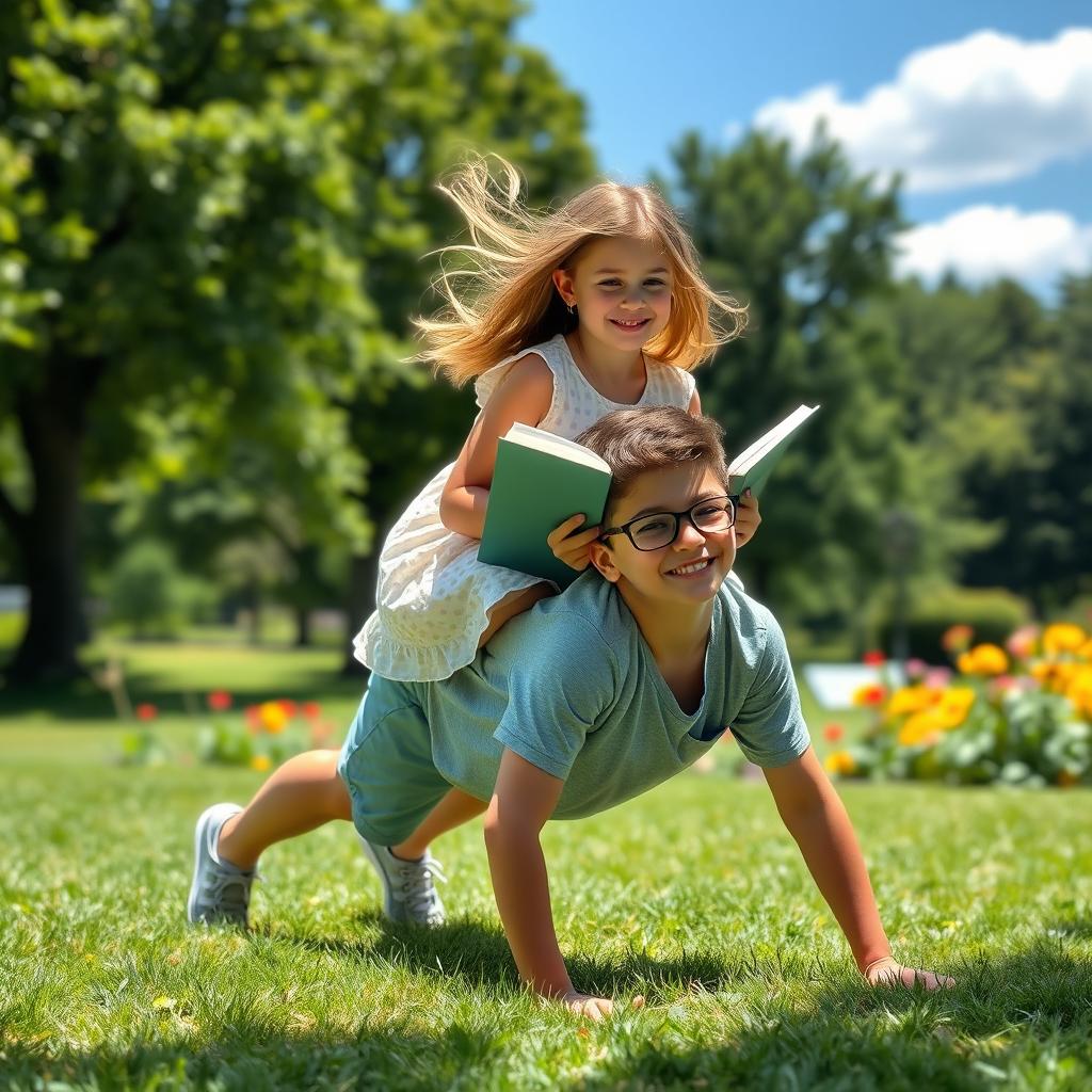 A girl sitting on the back of a boy doing a plank, both are in a sunny park surrounded by greenery