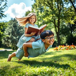 A girl sitting on the back of a boy doing a plank, both are in a sunny park surrounded by greenery