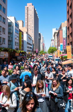 A bustling urban scene showcasing a diverse crowd of people engaged in various activities