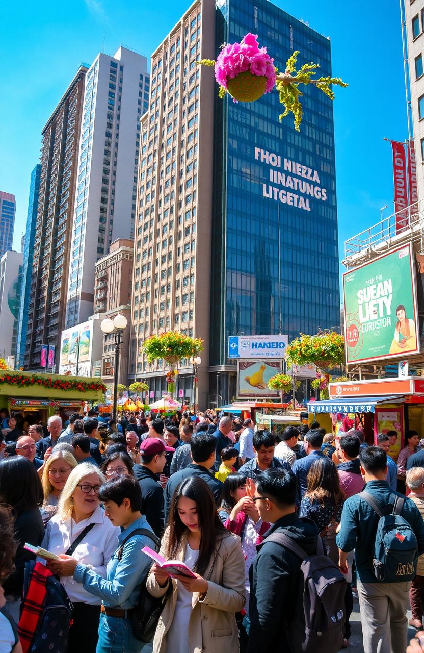 A bustling urban scene showcasing a diverse crowd of people engaged in various activities