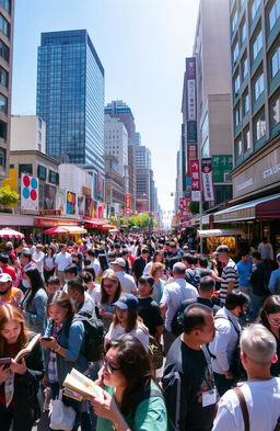 A bustling urban scene showcasing a diverse crowd of people engaged in various activities