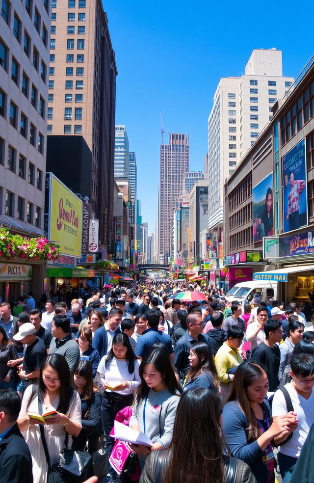 A bustling urban scene showcasing a diverse crowd of people engaged in various activities