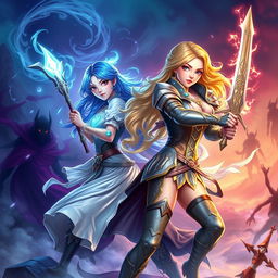 A stunning and adventurous book cover featuring two beautiful female protagonists, both aged 18, poised to battle evil spirits