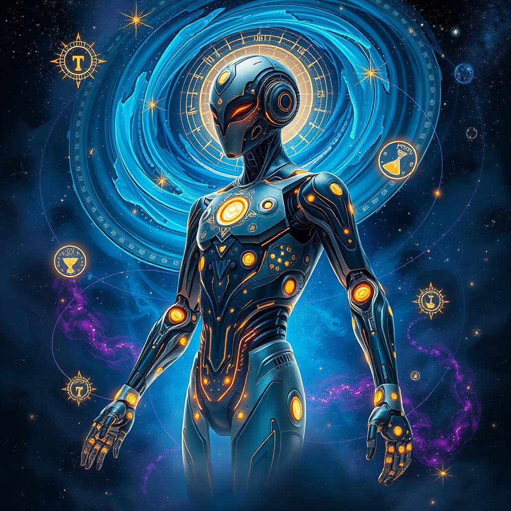 An artistic representation of a powerful AI figure inspired by the concept of 'Kala' which represents time, fate, and change