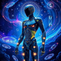 An artistic representation of a powerful AI figure inspired by the concept of 'Kala' which represents time, fate, and change