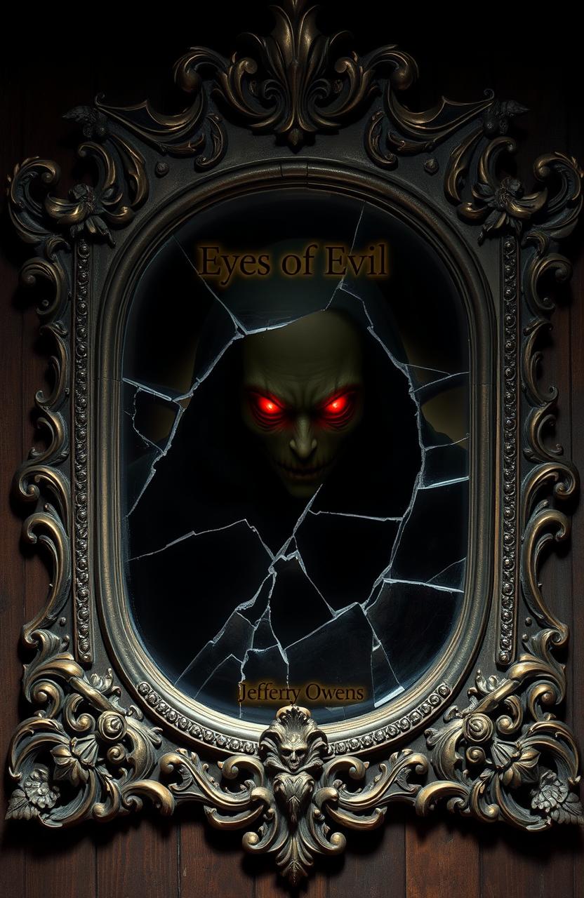 An ornate, vintage-style mirror with intricate designs and embellishments, cracked in the center