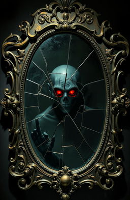An ornate, vintage-style mirror with intricate designs and embellishments, cracked in the center