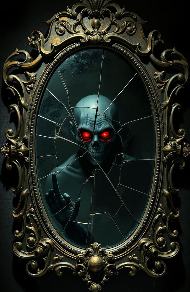 An ornate, vintage-style mirror with intricate designs and embellishments, cracked in the center