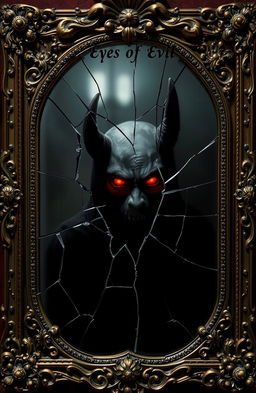 An ornate, vintage-style mirror with intricate designs and embellishments, cracked in the center