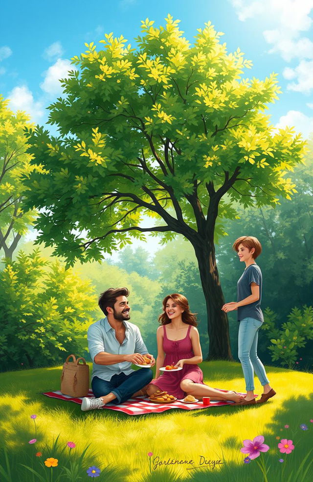 A digital painting depicting two loving couples enjoying a serene moment together in a beautiful green natural setting