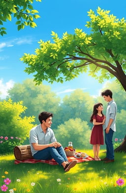 A digital painting depicting two loving couples enjoying a serene moment together in a beautiful green natural setting
