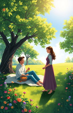 A digital painting depicting two loving couples enjoying a serene moment together in a beautiful green natural setting