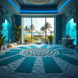A serene and tranquil yoga environment for a spa inspired by Atlantis