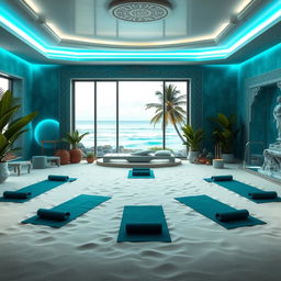 A serene and tranquil yoga environment for a spa inspired by Atlantis