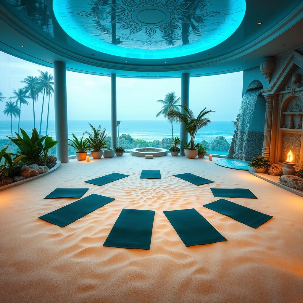 A serene and tranquil yoga environment for a spa inspired by Atlantis