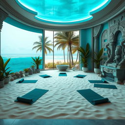 A serene and tranquil yoga environment for a spa inspired by Atlantis