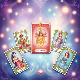 A beautifully illustrated tarot card spread with a focus on relationships, featuring the 'Pratiksha' card prominently in the center