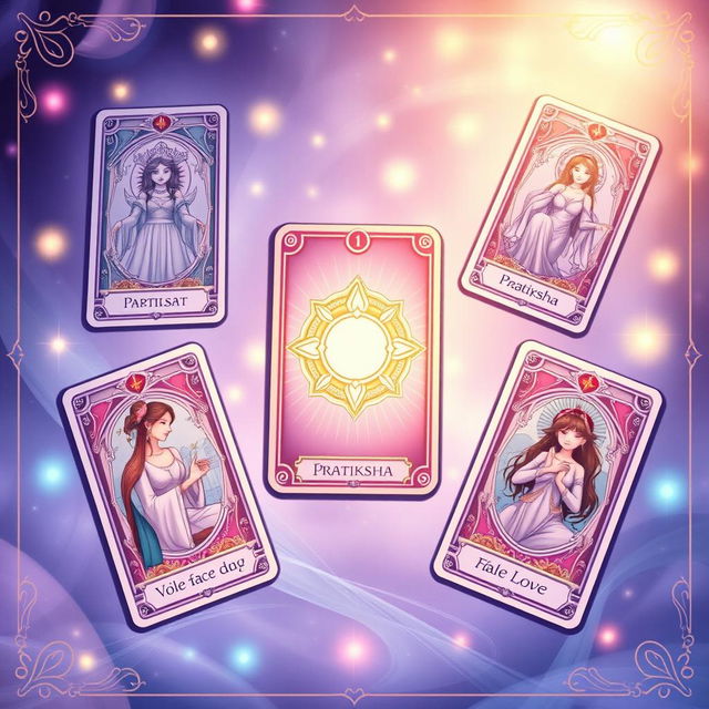 A beautifully illustrated tarot card spread with a focus on relationships, featuring the 'Pratiksha' card prominently in the center