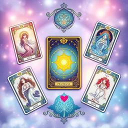 A beautifully illustrated tarot card spread with a focus on relationships, featuring the 'Pratiksha' card prominently in the center