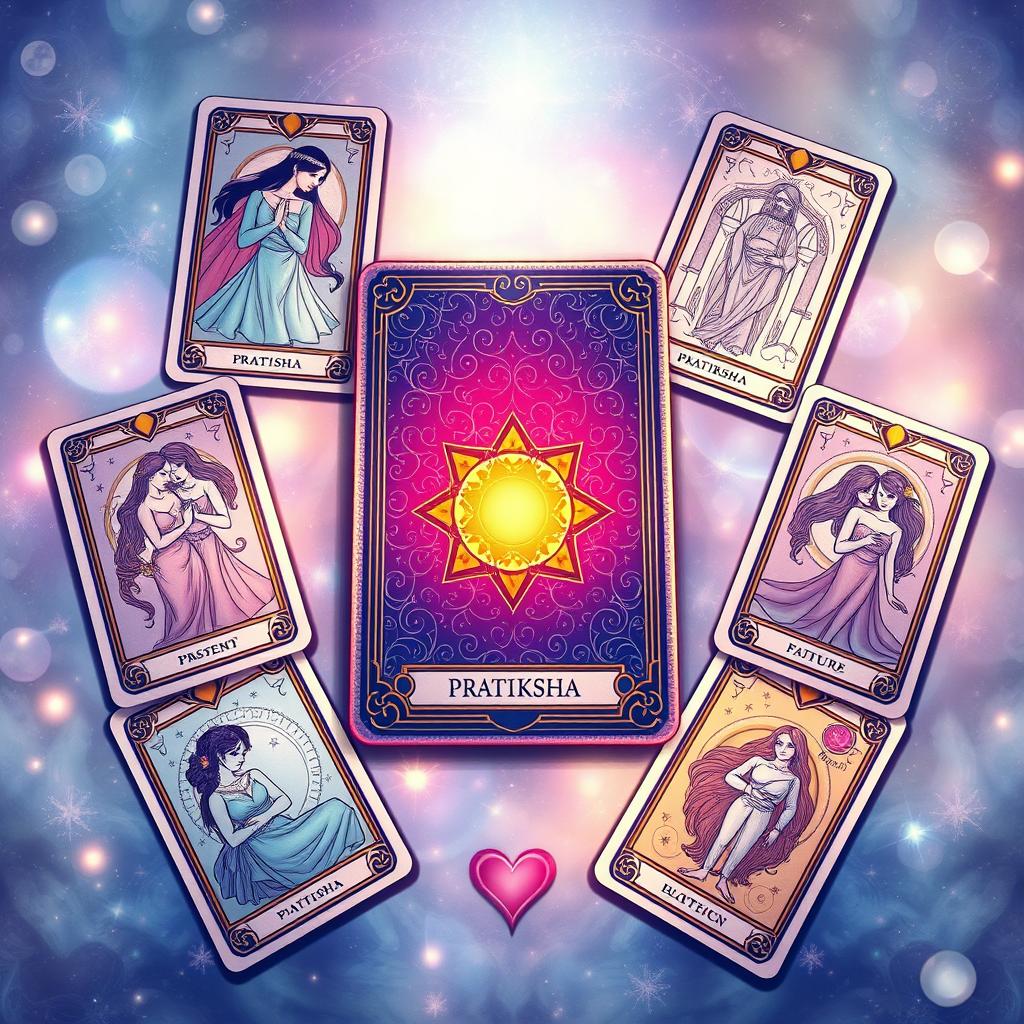 A beautifully illustrated tarot card spread with a focus on relationships, featuring the 'Pratiksha' card prominently in the center