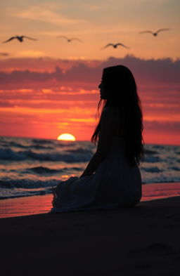 A reflective scene depicting a young woman sitting alone on the beach during sunset, her silhouette framed against the vibrant hues of orange, pink, and purple in the sky