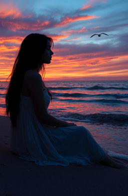 A reflective scene depicting a young woman sitting alone on the beach during sunset, her silhouette framed against the vibrant hues of orange, pink, and purple in the sky