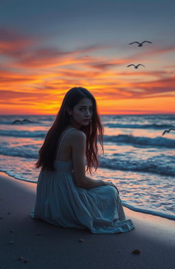 A reflective scene depicting a young woman sitting alone on the beach during sunset, her silhouette framed against the vibrant hues of orange, pink, and purple in the sky