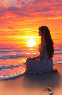 A reflective scene depicting a young woman sitting alone on the beach during sunset, her silhouette framed against the vibrant hues of orange, pink, and purple in the sky