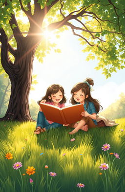 A beautifully illustrated scene depicting two best friends sitting together, engrossed in reading a large open book under a beautiful tree in a sunlit park