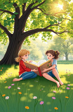 A beautifully illustrated scene depicting two best friends sitting together, engrossed in reading a large open book under a beautiful tree in a sunlit park