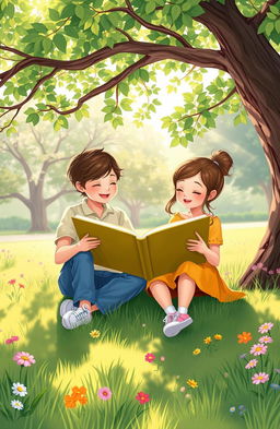 A beautifully illustrated scene depicting two best friends sitting together, engrossed in reading a large open book under a beautiful tree in a sunlit park