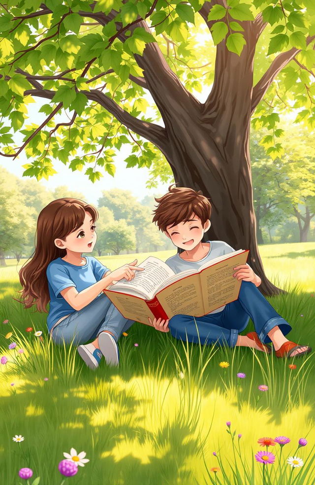 A beautifully illustrated scene depicting two best friends sitting together, engrossed in reading a large open book under a beautiful tree in a sunlit park