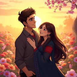 A romantic scene depicting two characters, Manan and Pratiksha, in a dreamy setting