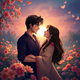A romantic scene depicting two characters, Manan and Pratiksha, in a dreamy setting