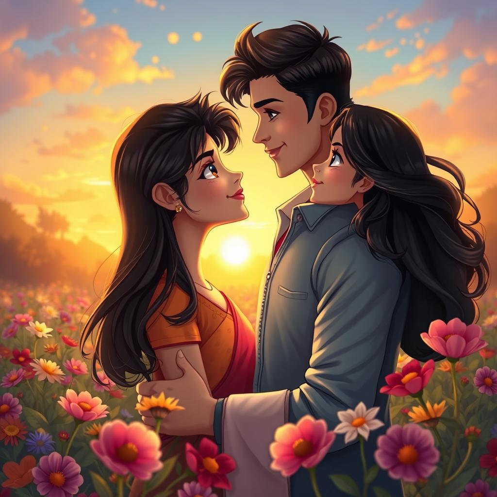 A romantic scene depicting two characters, Manan and Pratiksha, in a dreamy setting