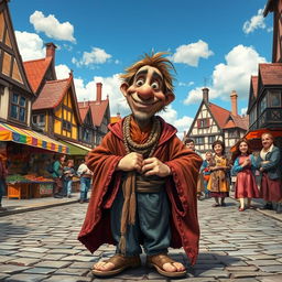 A whimsical scene depicting a beggar with an exaggerated smile, standing confidently on a cobblestone street