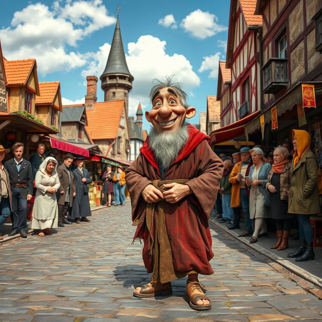 A whimsical scene depicting a beggar with an exaggerated smile, standing confidently on a cobblestone street