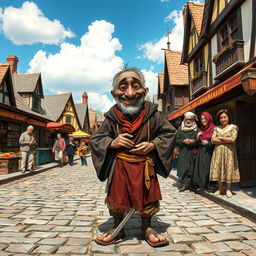 A whimsical scene depicting a beggar with an exaggerated smile, standing confidently on a cobblestone street