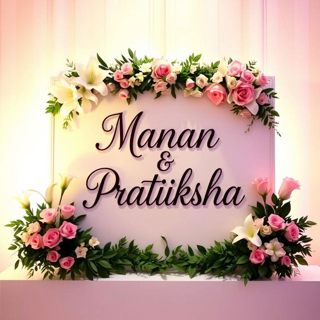 A beautiful wedding board featuring the names "Manan" and "Pratiksha" elegantly written in stylish calligraphy