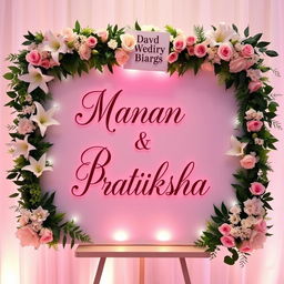 A beautiful wedding board featuring the names "Manan" and "Pratiksha" elegantly written in stylish calligraphy