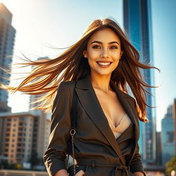 A stunning young woman in a fashionable outfit, striking a confident pose, with long flowing hair blowing in the wind