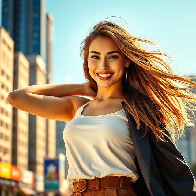 A stunning young woman in a fashionable outfit, striking a confident pose, with long flowing hair blowing in the wind