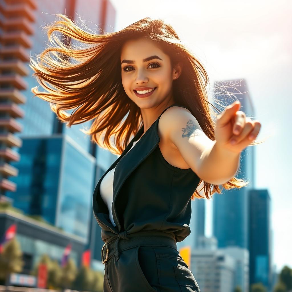 A stunning young woman in a fashionable outfit, striking a confident pose, with long flowing hair blowing in the wind