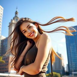 A stunning young woman in a fashionable outfit, striking a confident pose, with long flowing hair blowing in the wind