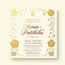 A beautifully designed wedding invitation card for the union of Manan and Pratiksha, featuring elegant floral motifs, intricate gold foiling, and a traditional yet modern layout