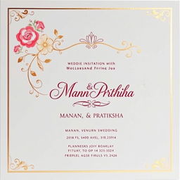 A beautifully designed wedding invitation card for the union of Manan and Pratiksha, featuring elegant floral motifs, intricate gold foiling, and a traditional yet modern layout